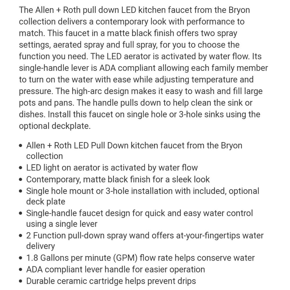 Allen + Roth Bryton Matte Black Single Handle Pull-down Kitchen Faucet with LED - Picture 12 of 12